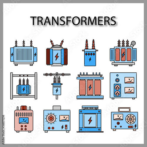 High voltage electrical transformer and Power supply icon set isolated on white background for web design
