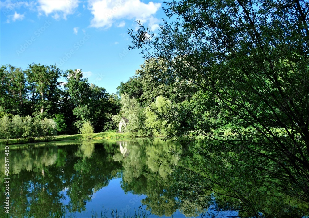Green lake with trees, clouds and water reflection landscape Green lake with trees, clouds and water reflection landscape