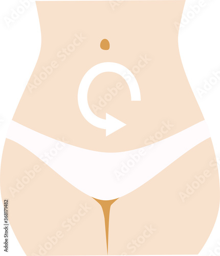 flat illustration of a woman's stomach with bowel problems and an arrow on her stomach