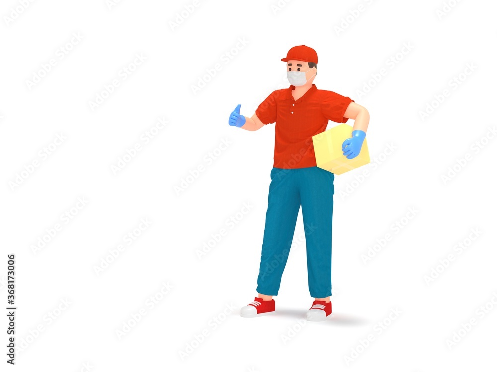 Cartoon 3d delivery man in protection mask, gloves Cartoon 3d delivery man in protection mask, gloves