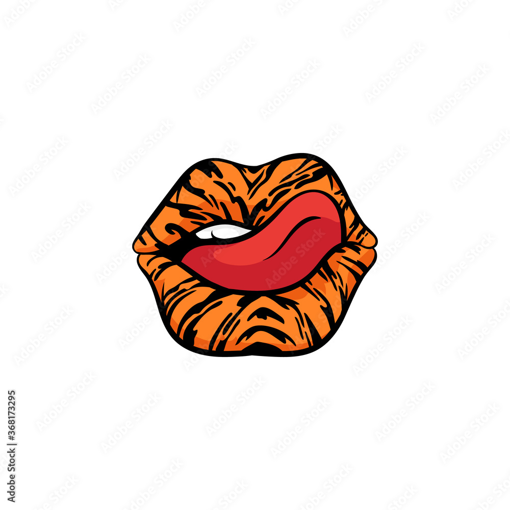 Naklejka premium Red tongue licking orange lips with tiger stipes - isolated sticker