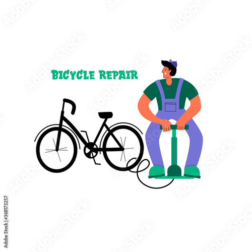 Bicycle repair. The mechanic repairs the bicycle, the mechanic inflates the wheels. Vector flat Illustration. Web graphics, banners, advertisements, business templates.