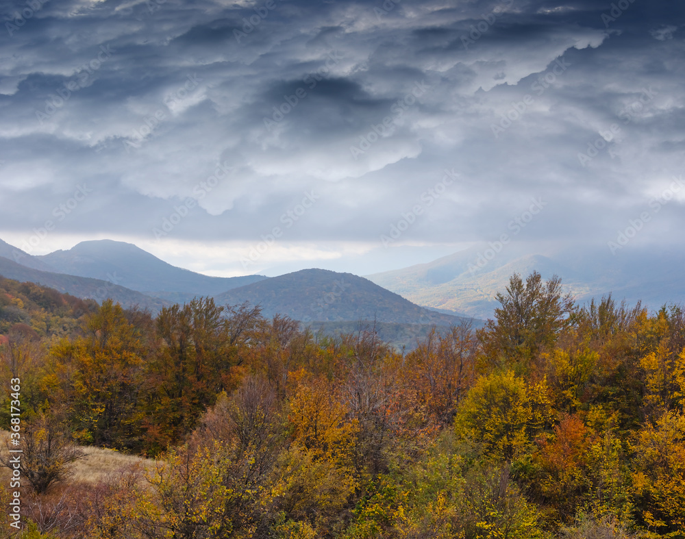 mountain valley with autumn forest under a dense dramatic clouds mountain valley with autumn forest under a dense dramatic clouds