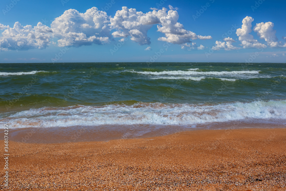 sandy sea beach with waves, summer sea vacation scene sandy sea beach with waves, summer sea vacation scene