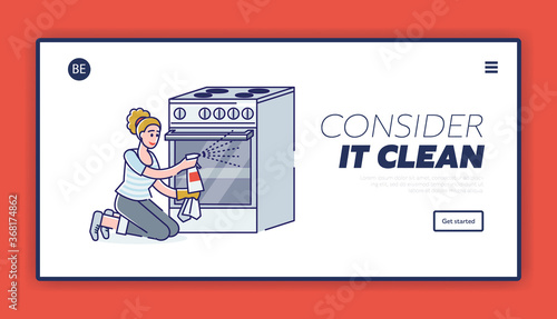 Woman cleaning gas stove and oven. Landing page for kitchen cleanup concept