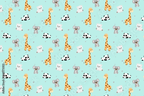design for baby blanket, stars and cute little animals, baby animals, koala, giraffe, bear, panda