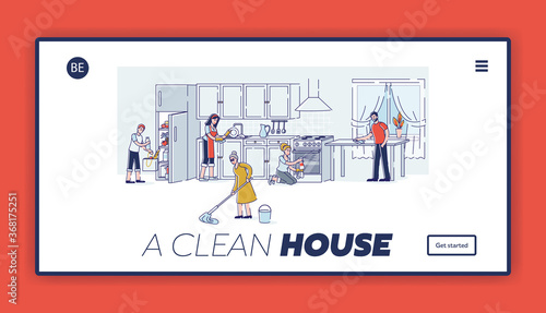 Family cleaning kitchen together, template landing page design. Household and housekeeping concept