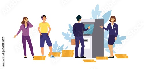 Queue of men and women to the ATM terminal with a screen.