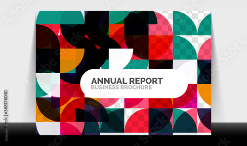 Horizontal A4 business flyer annual report template, circles and triangle style shapes modern geometric design for brochure layout, magazine or booklet