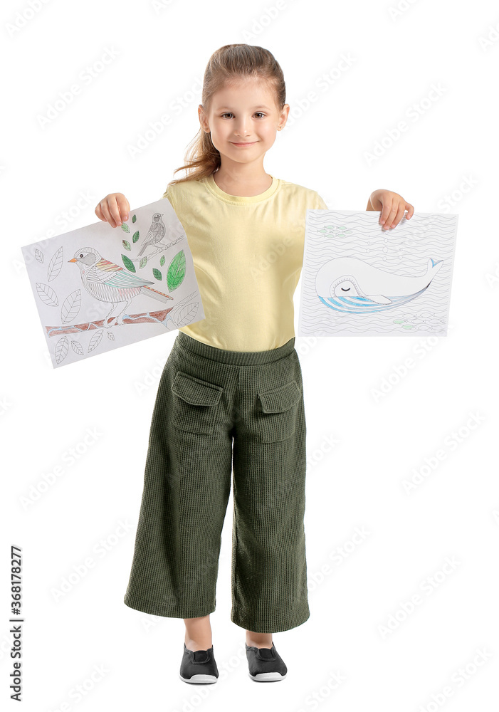 Cute little girl with coloring pictures on white background Cute little girl with coloring pictures on white background