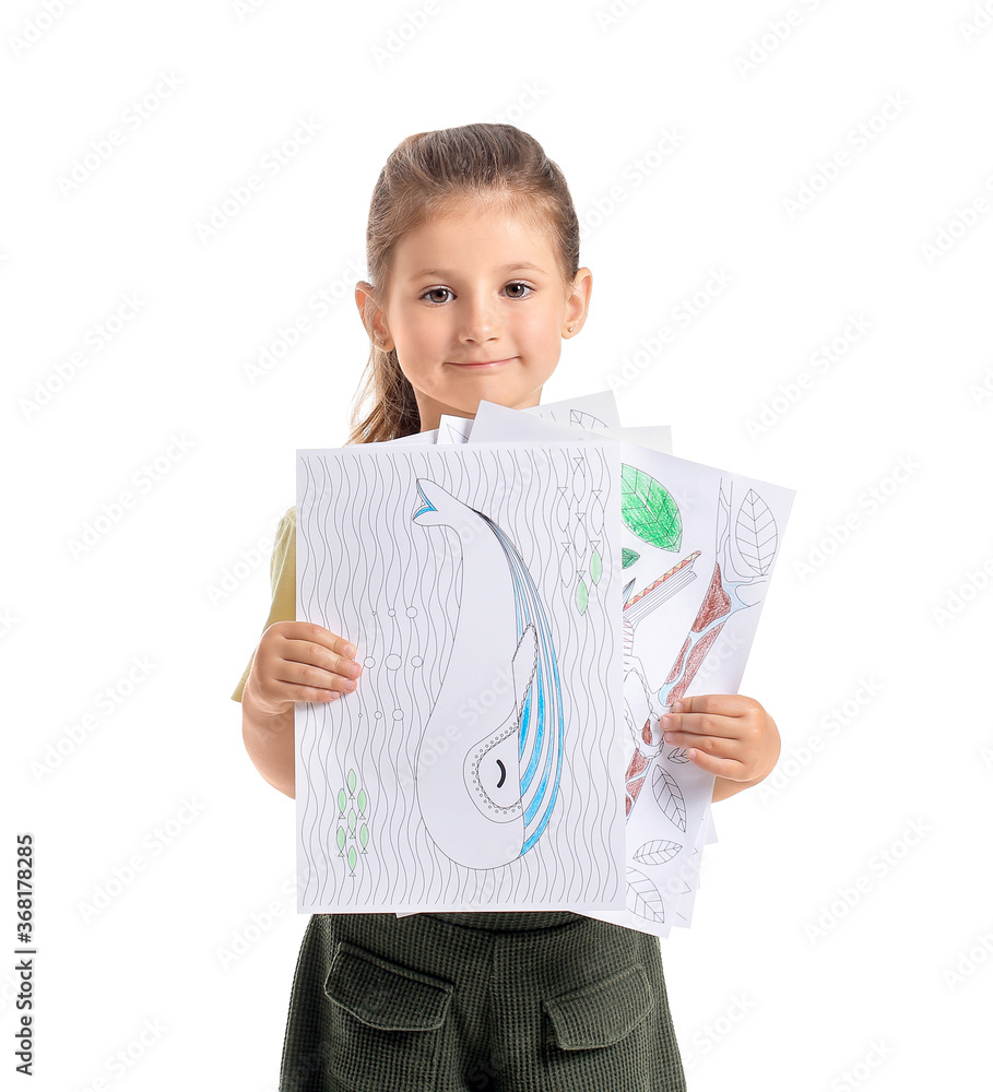 Cute little girl with coloring picture on white background Cute little girl with coloring picture on white background