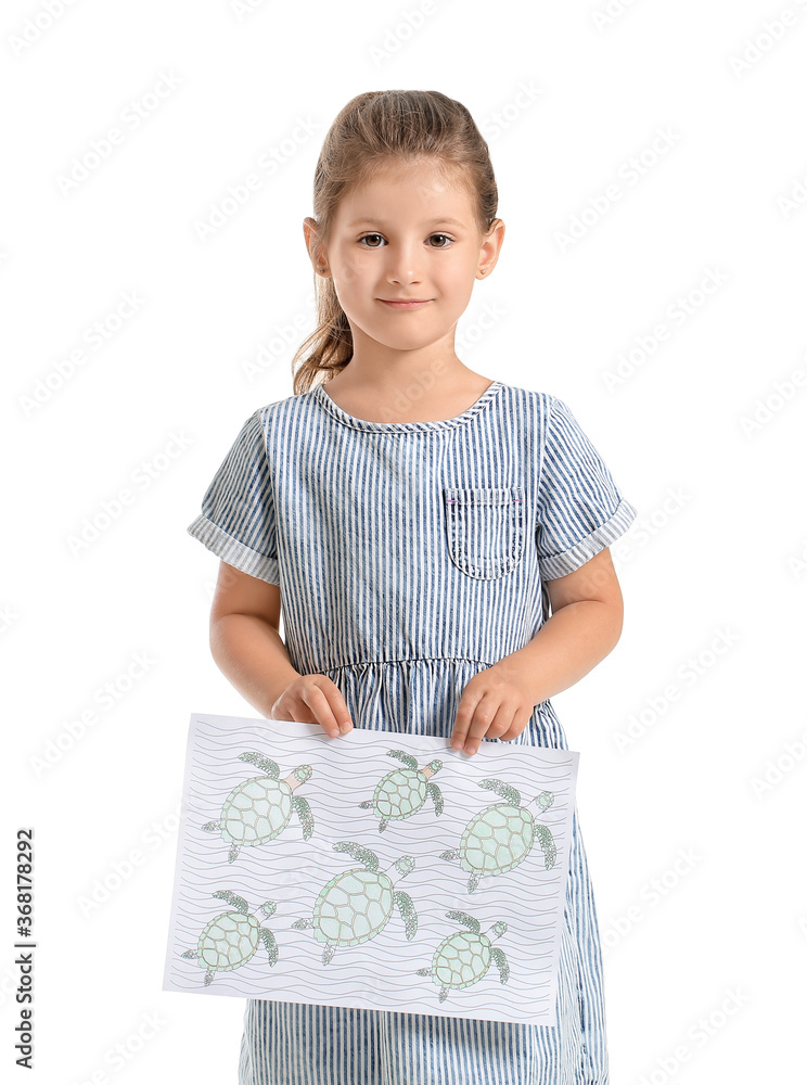 Cute little girl with coloring picture on white background Cute little girl with coloring picture on white background