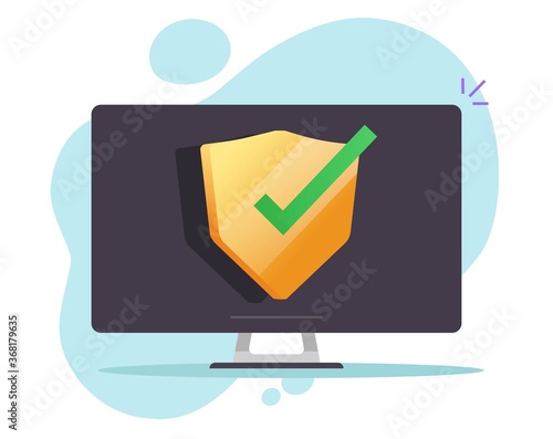 Online security computer desktop protection shield on screen or pc protected with safety privacy access vector flat, concept of internet data firewall software symbol or antivirus icon