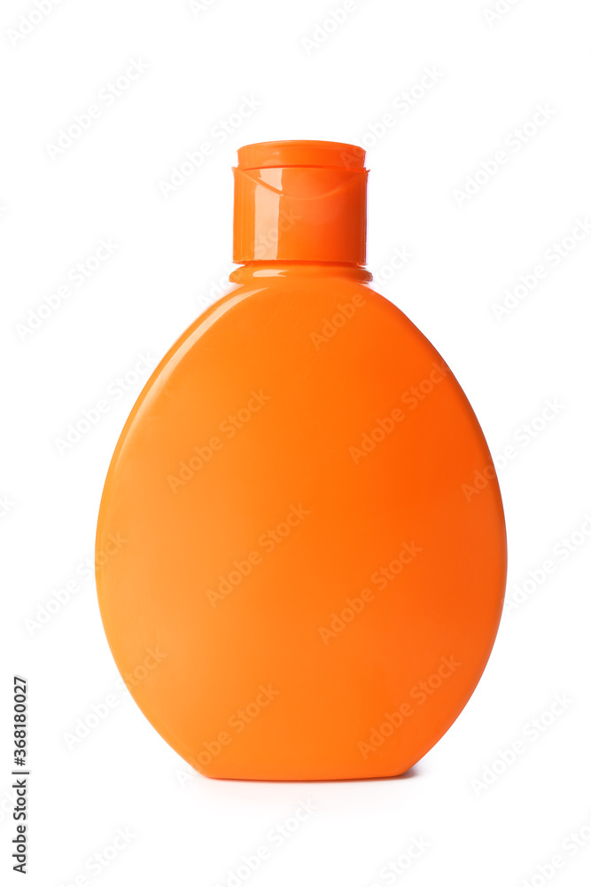 Bottle of sunscreen on white background - obrazy, fototapety, plakaty 