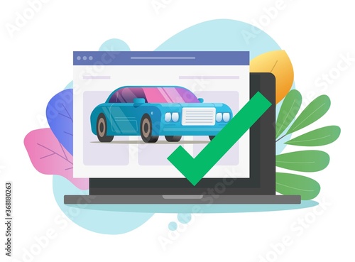 Vehicle online diagnostic check test with approved checkmark security on laptop computer or internet web car automobile protection verified valid vector flat, concept of auto remote examining