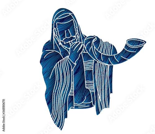 Jewish blowing the shofar horn cartoon graphic vector