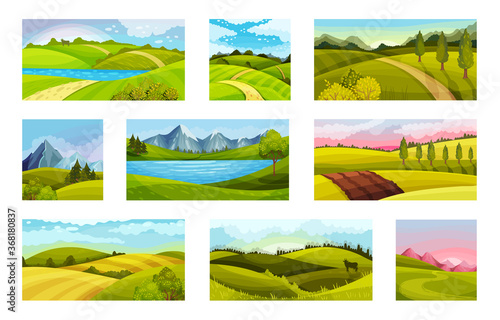 Green Landscapes with Hills and Clear Sky Vector Illustration Set