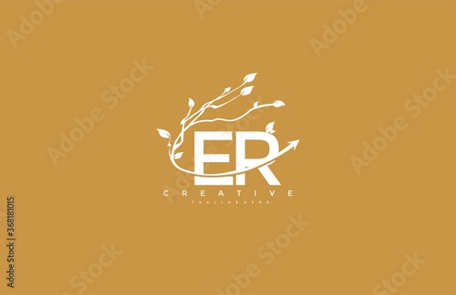 Vector Letter ER with Elegant Swoosh Arrow Decorative Leaf Vector Logo