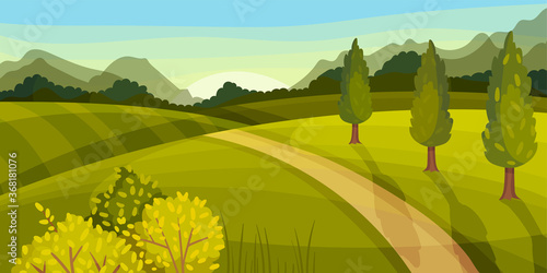 Green Landscape with Hills, Fields and Clear Sky Vector Illustration