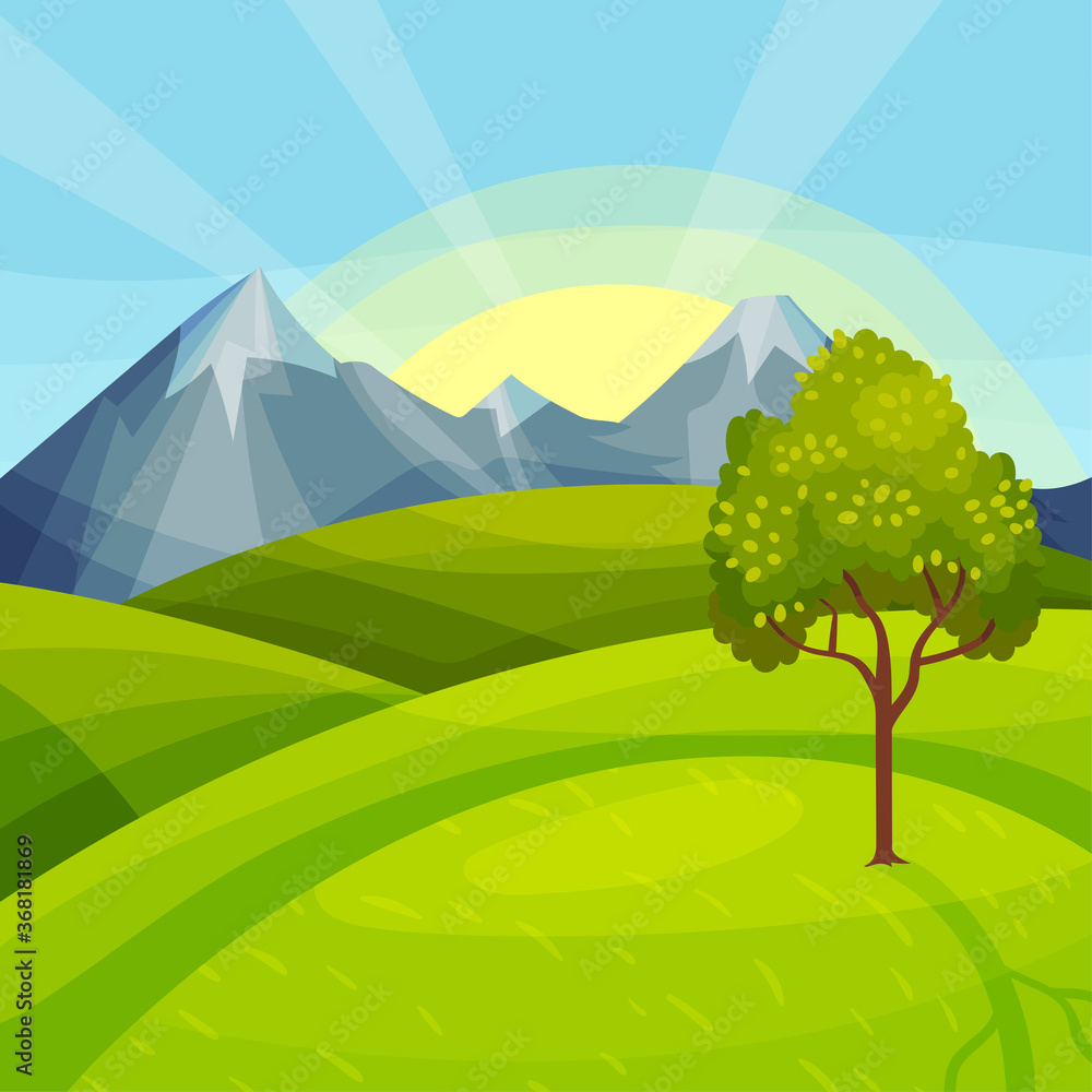 Green Landscape with Mountain Peaks, Grassy Hills and Clear Sky Vector Illustration