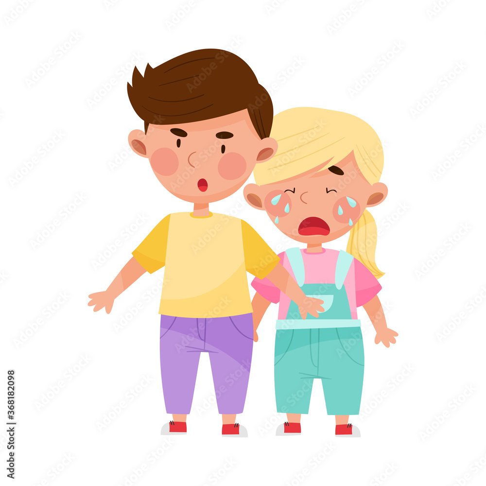 Little Boy Protecting Crying Girl from Hooligan Vector Illustration