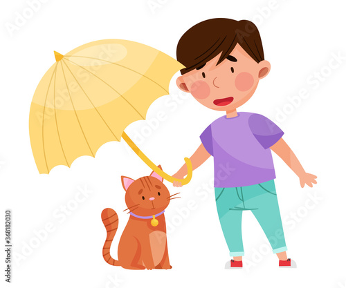 Little Boy Covering Cat with Umbrella Protecting Vector Illustration