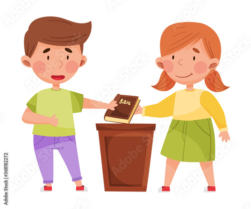 Cute Boy and Girl Characters Giving Oath with Bible Vector Illustration