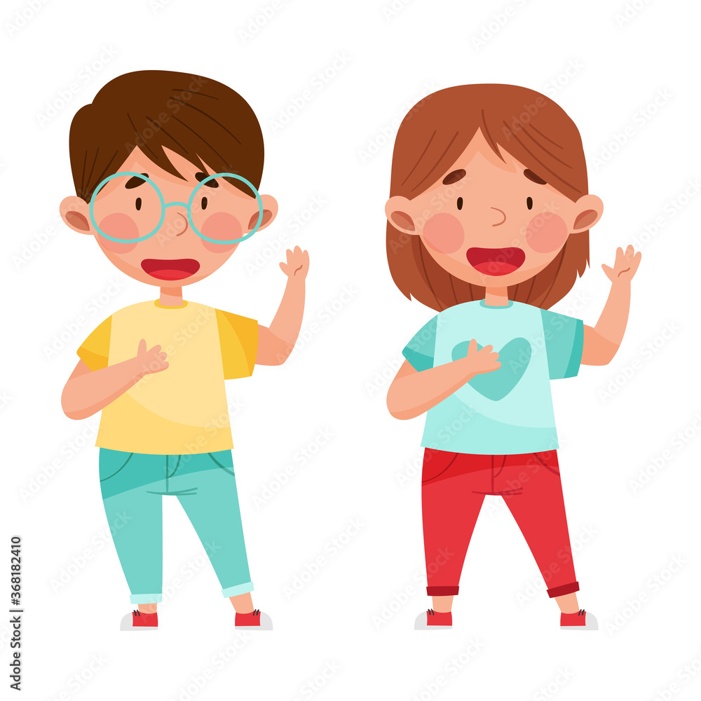 Cute Boy and Girl Characters Giving Oath Vector Illustration