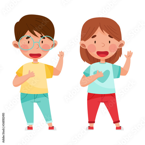 Cute Boy and Girl Characters Giving Oath Vector Illustration