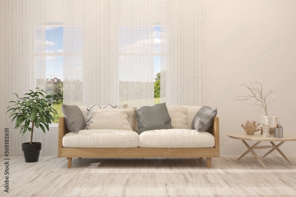 Fototapeta premium Idea of white minimalist room with sofa. Scandinavian interior design. 3D illustration