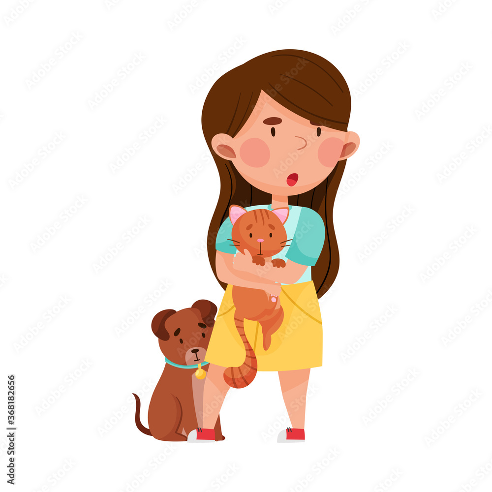Little Brave Girl Holding Cat in Arms Protecting from Hooligan Vector Illustration Little Brave Girl Holding Cat in Arms Protecting from Hooligan Vector Illustration