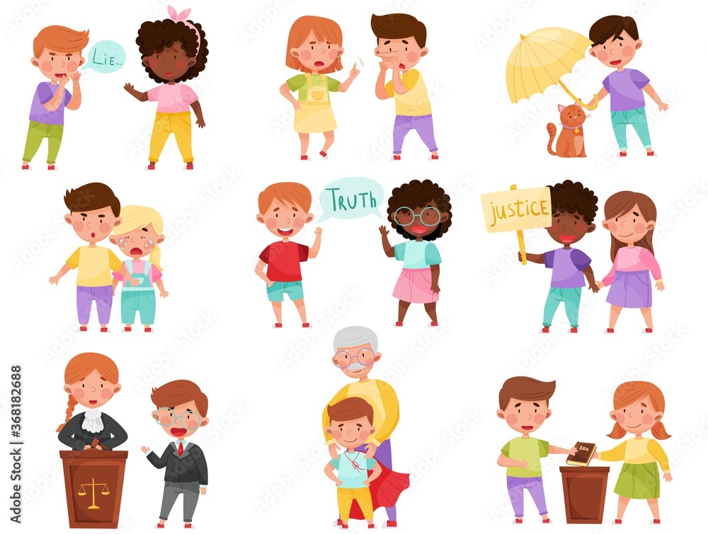 Little Kid Characters Playing Fair and Honestly Vector Illustration Set Little Kid Characters Playing Fair and Honestly Vector Illustration Set