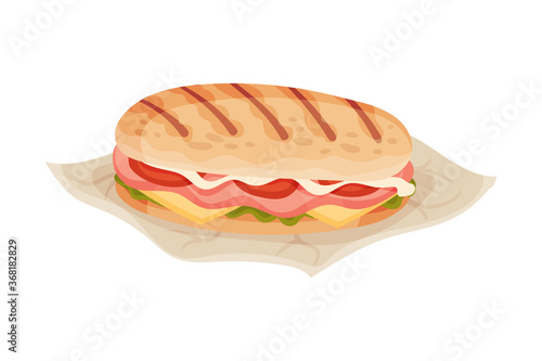 Panini Stuffed with Ham and Tomatoes as Italian Cuisine Dish Vector Illustration