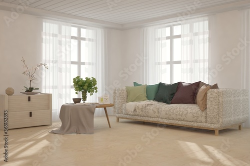 White modern room with sofa. Scandinavian interior design. 3D illustration