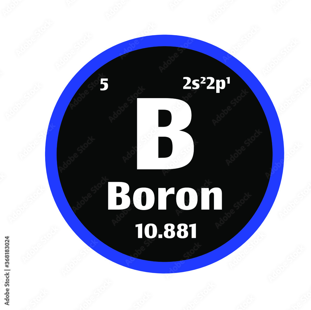 Boron (B) button on black and white circle button background with blue outline on the periodic table of elements with atomic number or a chemistry science concept or experiment.	