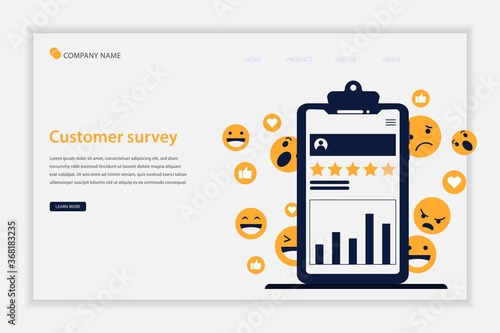 Customer survey concept landing page with phone giant. Feedback business concept. Customer feedback online review report client survey. Can be use for landing page, template, banner, website, flyer