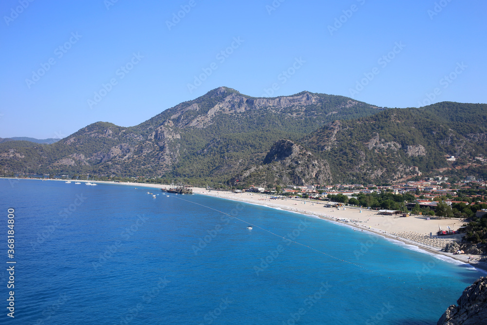The picturesque seaside of the popular resort town of Oludeniz in Turkey.