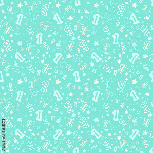Seamless patterns. Number one and stars on a blue background. Endless vector illustration. Used for fabric printing of baby bedding, clothing, packaging, background shading, etc.