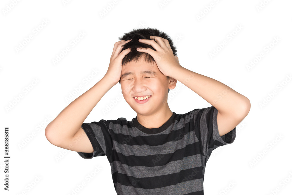 Asian boy kid holding his head frowning with screaming. pulling his hear for fake worry, sadness, desperation, funny, isolated on white background Asian boy kid holding his head frowning with screaming. pulling his hear for fake worry, sadness, desperation, funny, isolated on white background