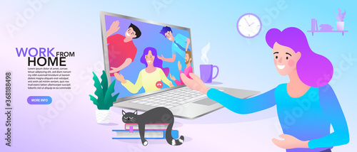 vector employee talk on video call on laptop with diverse colleagues. video conferencing at home woman having video call meeting with clients at home.