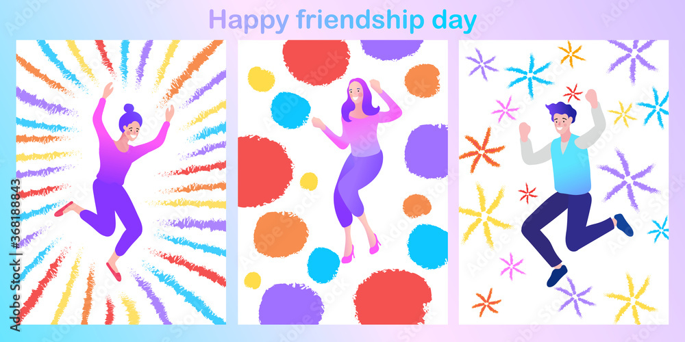 Happy group of people jumping on a colorful background. office workers. The concept of friendship, healthy lifestyle, success. flat vector illustration.