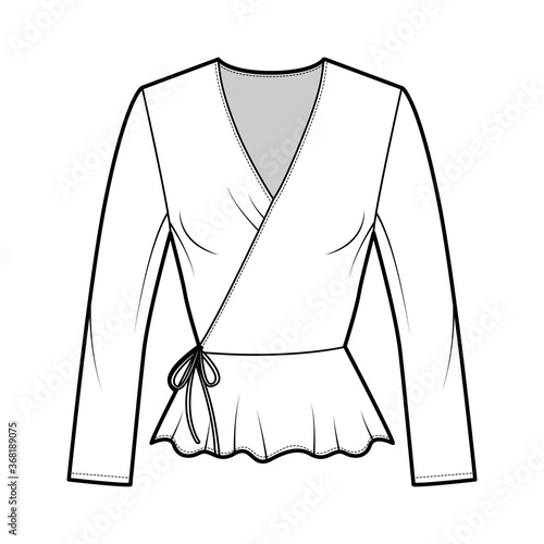 Wrap blouse technical fashion illustration with fitted silhouette, ruffled hem, long sleeves, ties at waist. Flat shirt apparel template front, white color. Women, men unisex top CAD mockup