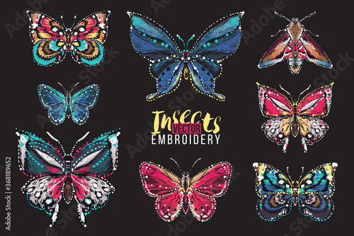Set of embroidery butterflies and rhinestones fashion crystal patches with insects illustration. Isolated on black background.