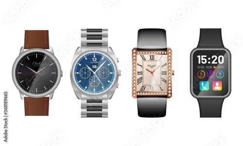 Modern and classic watches set. Elegant analog wrist watches and new generation electronic smart device. Punctuality and time measurement concept flat vector illustration isolated on white background.