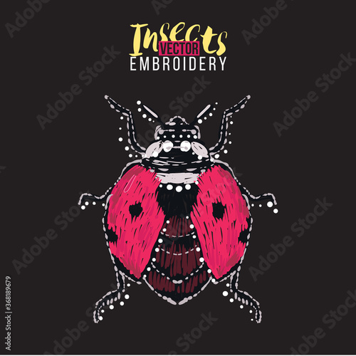 Flying ladybag. Embroidery and rhinestones fashion crystal patch with insects illustration. Isolated on black background.