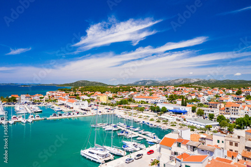 Croatia, Adriatic coastline, coastal town of Pirovac, waterfront view from drone