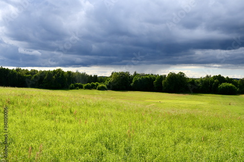 View of a vast pastureland, meadow, or field located next to a dense forest or moor right before a massive storm with dark, heavy, and moody clouds visible above the horizon on a Polish countryside