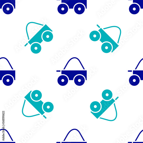Blue Wooden four-wheel cart with hay icon isolated seamless pattern on white background. Vector.