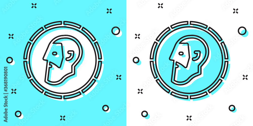 Black line Ancient coin icon isolated on green and white background. Random dynamic shapes. Vector. Black line Ancient coin icon isolated on green and white background. Random dynamic shapes. Vector.