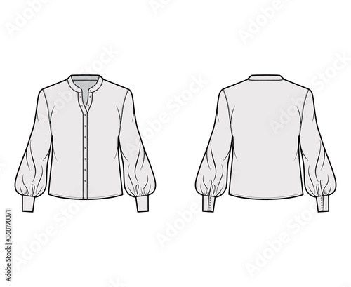 Stand collar shirt technical fashion illustration with long bishop sleeve with cuff, front button-fastening, loose silhouette. Flat blouse apparel template front back grey color. Women, men unisex top